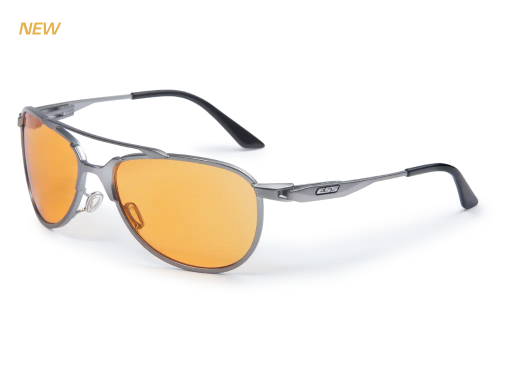 ESS InVINCEible Aviator Gunmetal frame sunglasses with subdued ESS logo w/ Orange Rust lenses